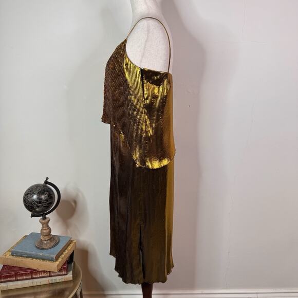 Cedric Charlier Gold Metallic Pleated Lamé Midi Dress Asymmetric Size 6 Goddess - Picture 8 of 15